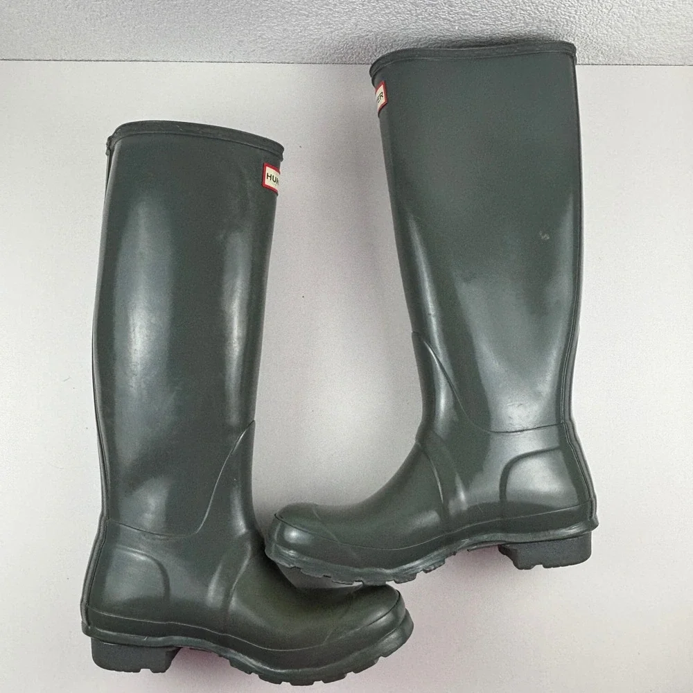 Hunter Original Tall Gloss Rain Boots Women 6 Green Waterproof Buckle Festival